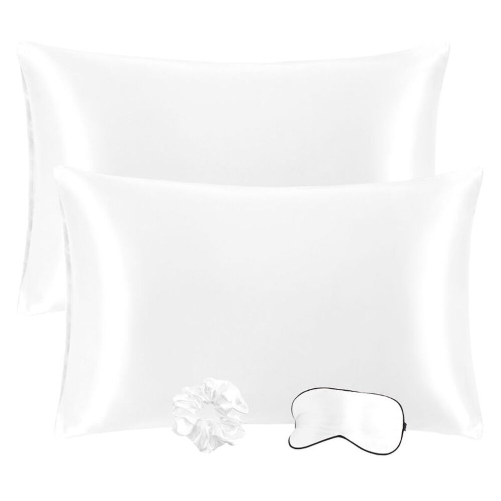 2pcs Satin Bed Pillowcase with Eye Mask & Hair Twister White 20"x26"